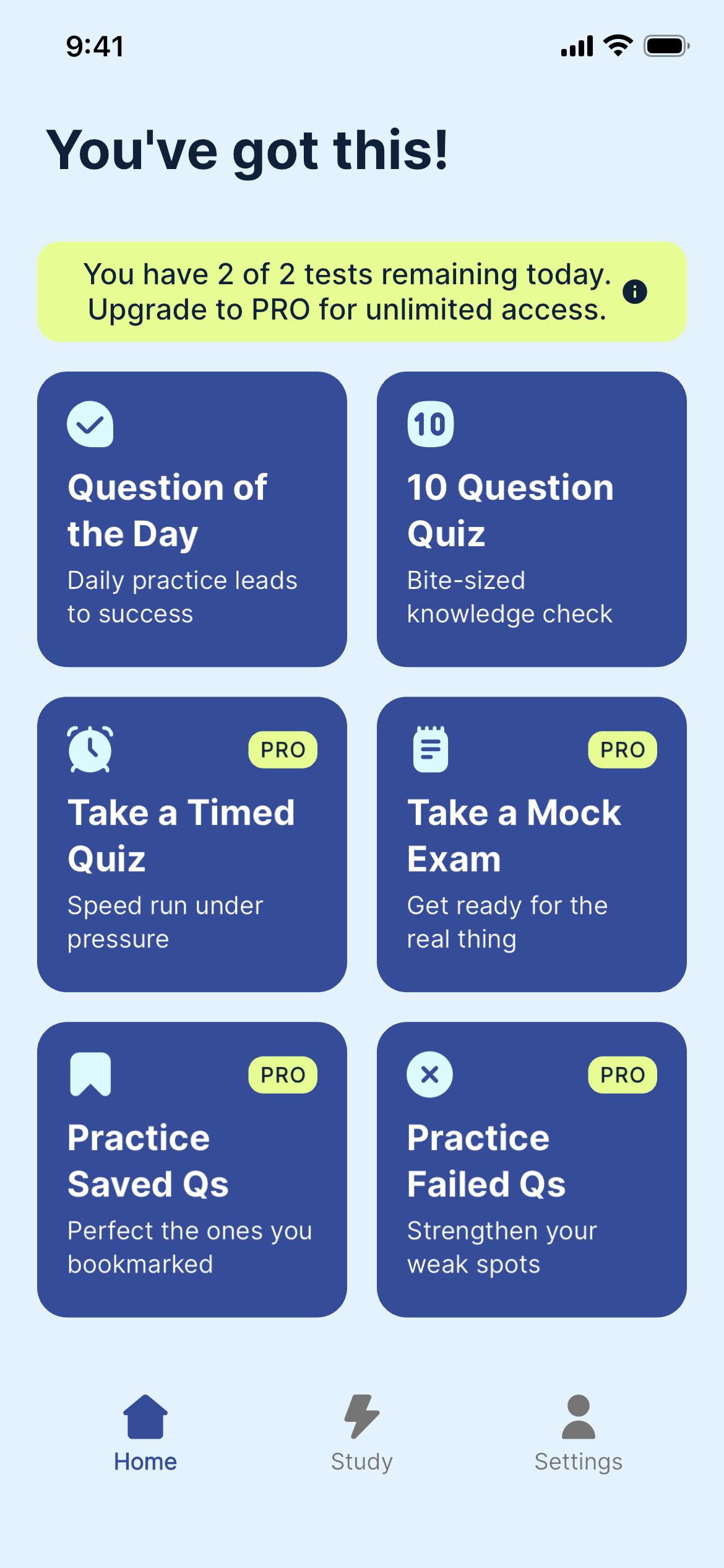 Electrician Home showing daily practice and six quiz modes