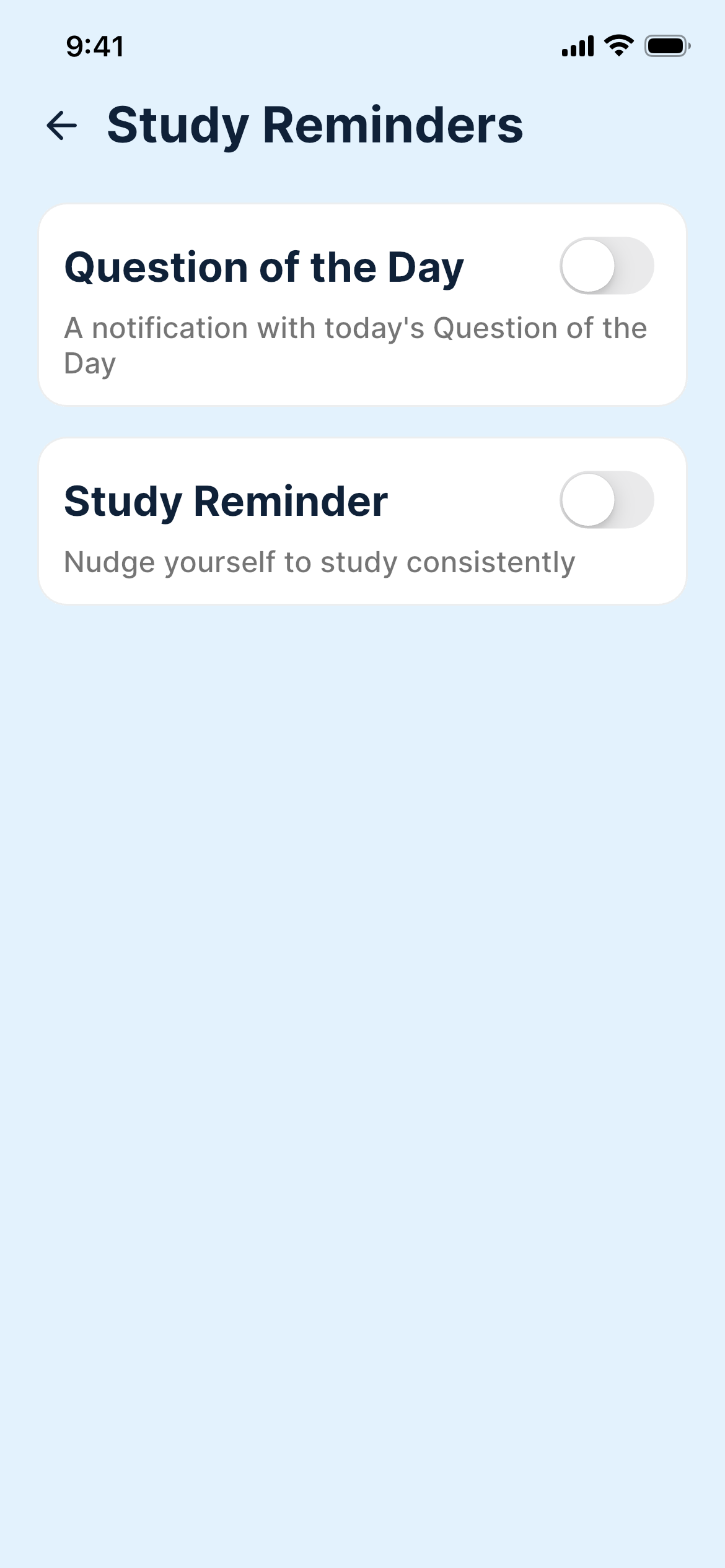 Electrician notification settings for study reminders