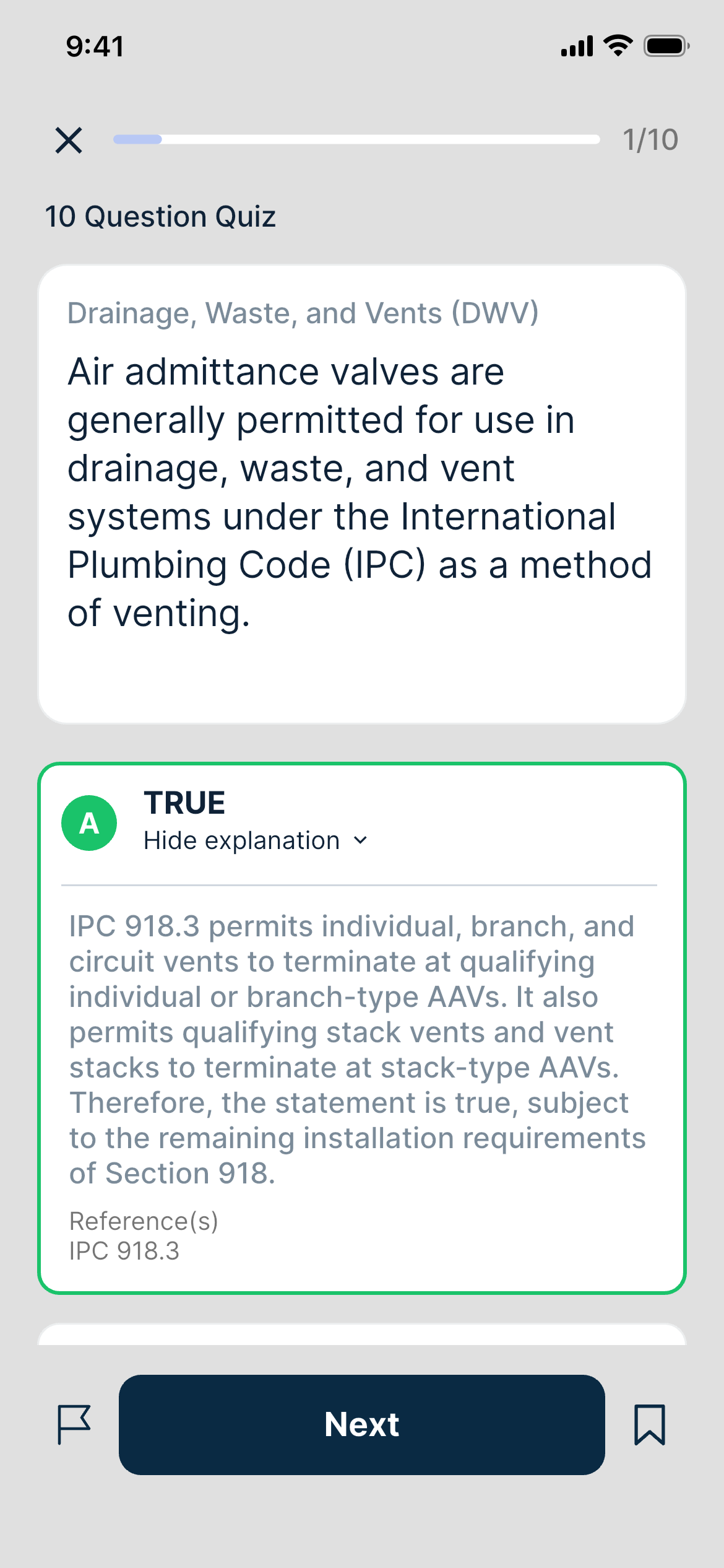 Plumbing quiz showing an expanded IPC answer explanation and code reference